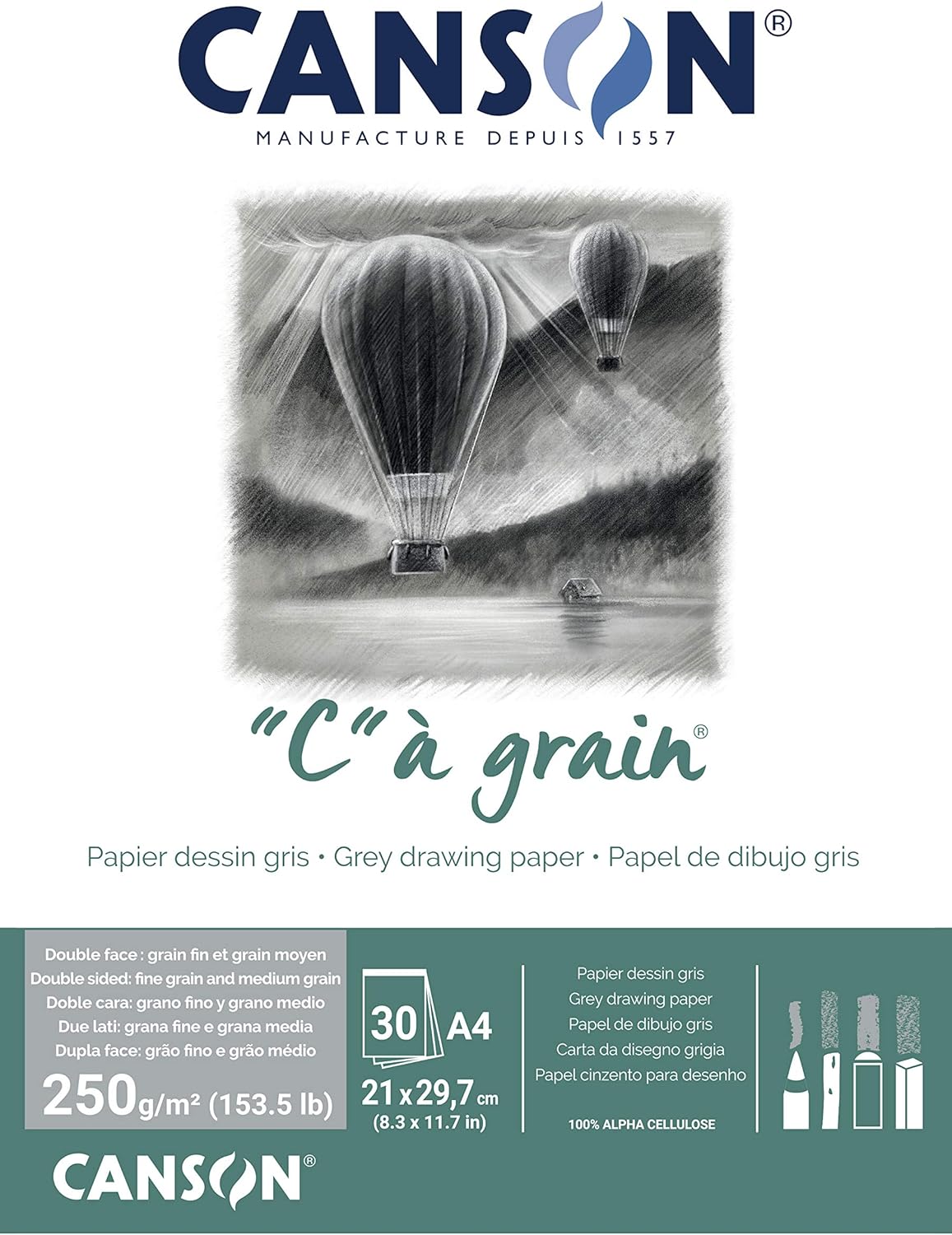 CANSON"C" à grain pad, DIN A4, 30 sheets, 250 g/m2, mottled grey, slightly grained