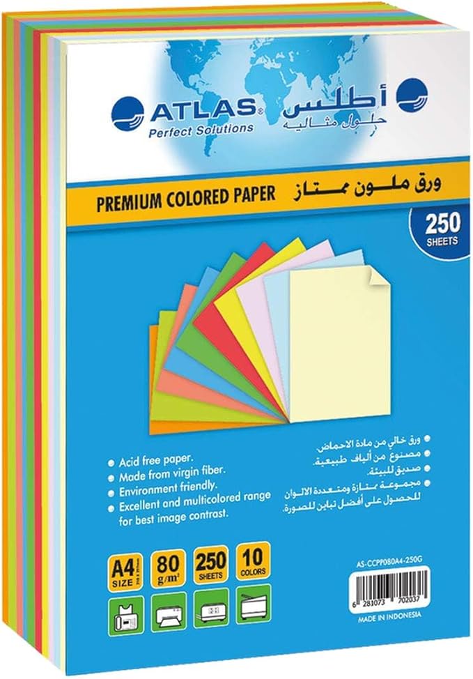 Atlas 10 Color 250 Sheets Origami and Printing Paper (80 GSM - Variety Pack)