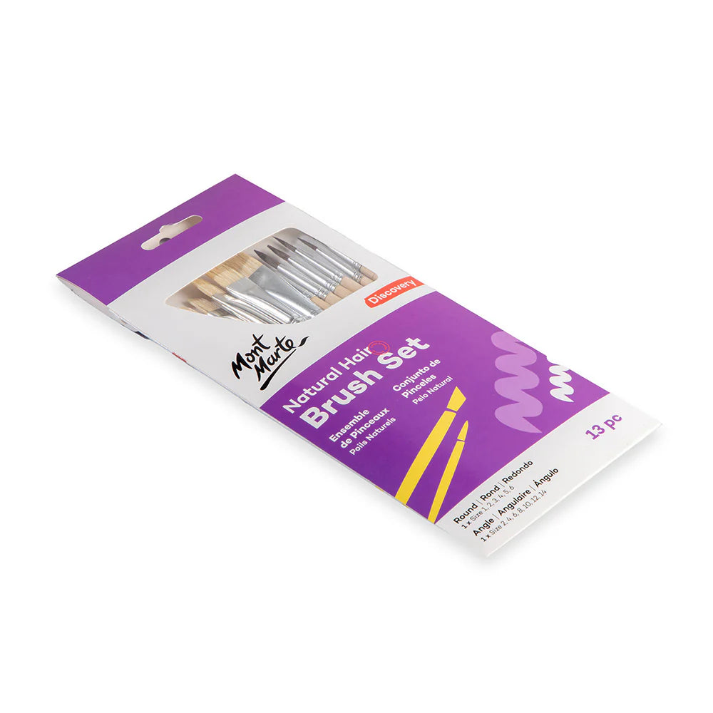 Mont Marte Natural Hair Art Brush Set Round and Angle Discovery 13pc