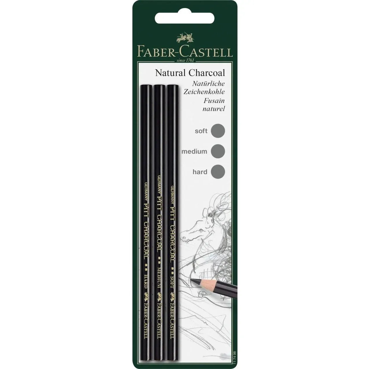 Faber Castell Pitt natural charcoal pencil, set of 3, soft, medium, hard