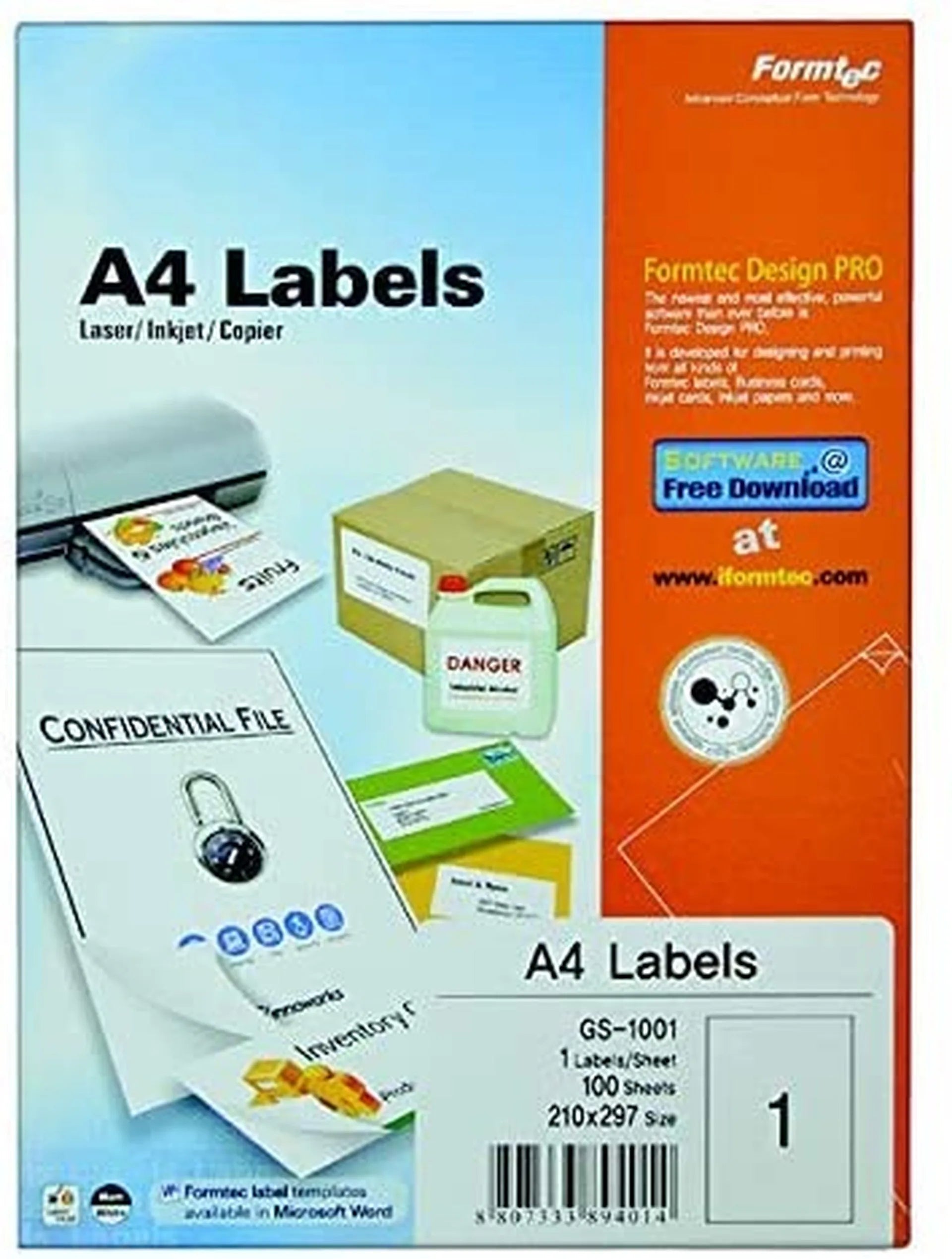 Formtec A4 Labels, 210 x 297 mm, 100 Sheets, GS-1001