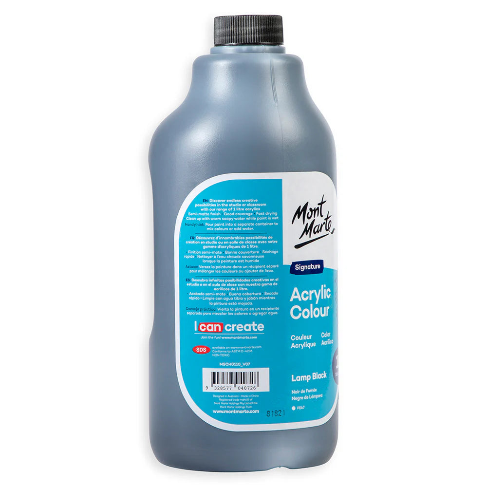 Mont Marte Acrylic Colour Signature 1L (33.8 US fl.oz) Bottle - Lamp Black