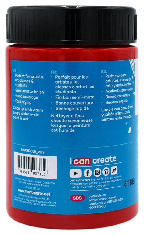 Mont Marte Acrylic Colour Paint Signature 300ml (10.1 US fl.oz) - Brilliant Red