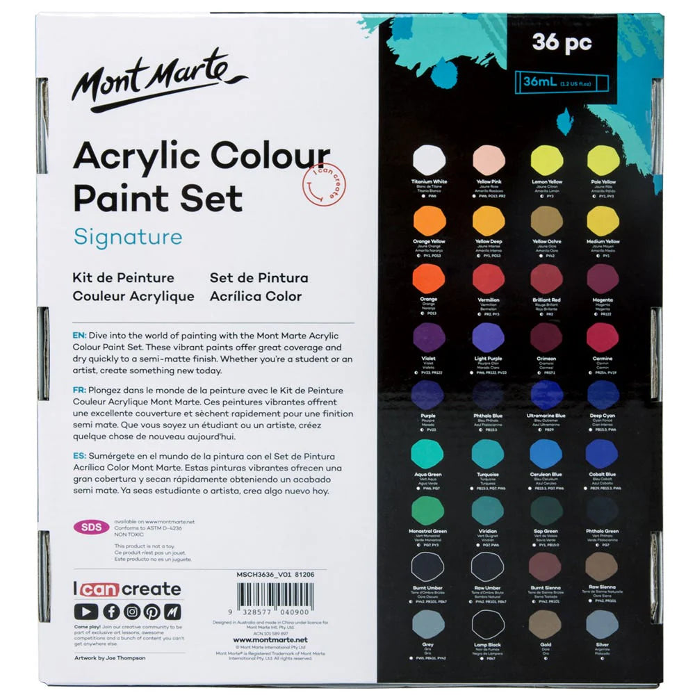 Mont Marte Acrylic Colour Paint Set Signature 36pc x 36ml (1.2oz)