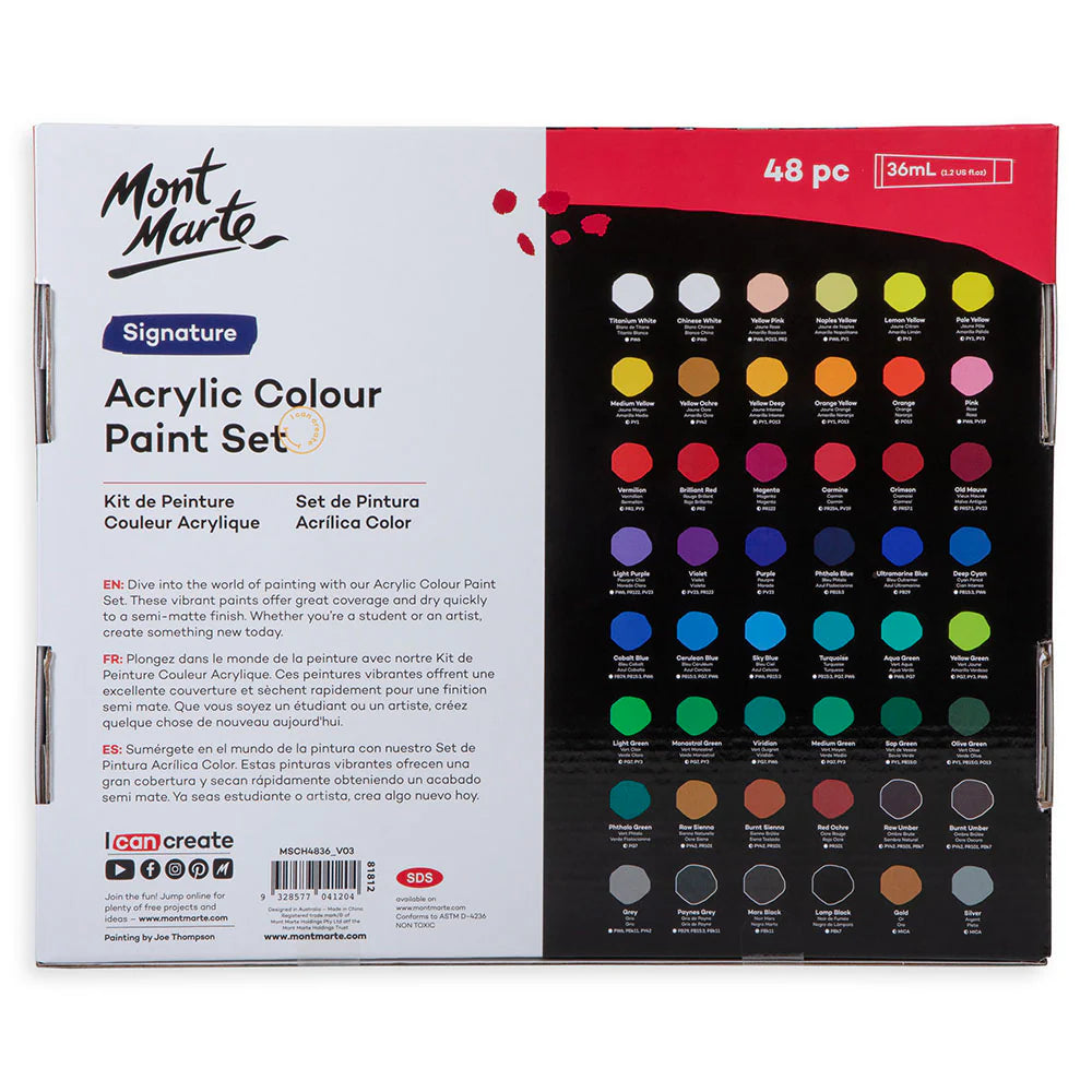 Mont Marte Acrylic Colour Paint Set Signature 48pc x 36ml (1.2 US fl.oz)