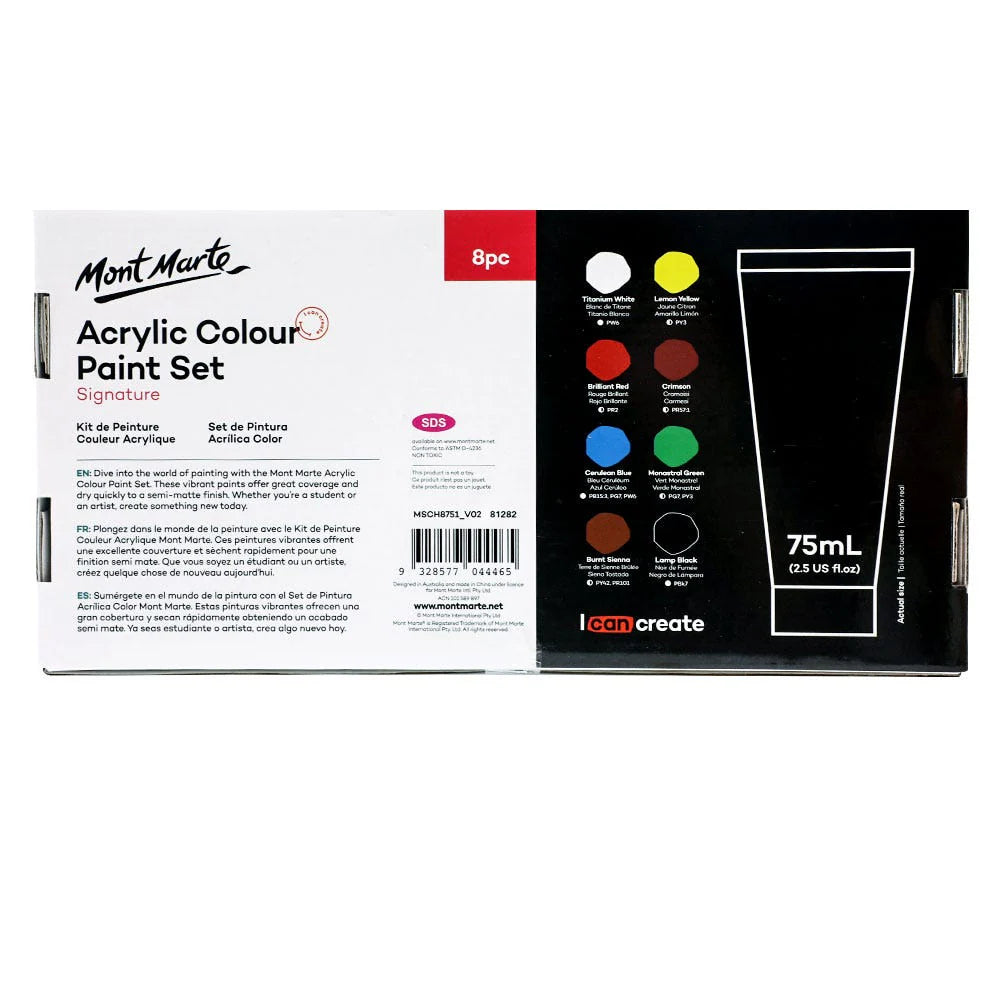 Mont Marte Acrylic Colour Paint Set Signature 8pc x 75ml (2.54oz)