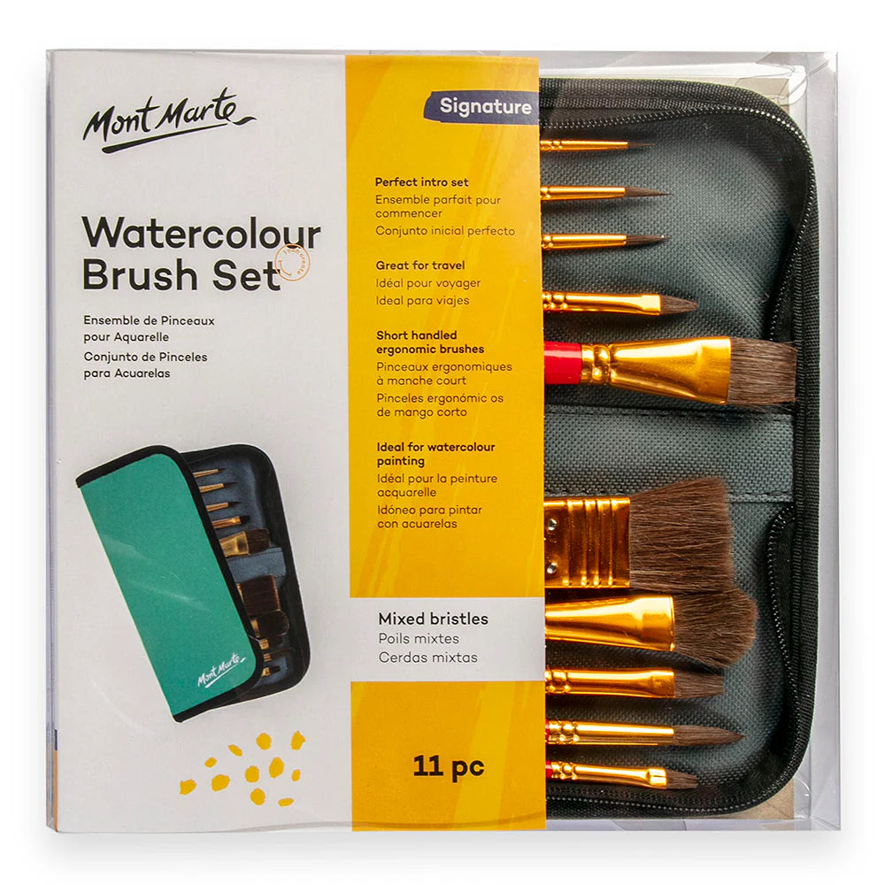 Mont Marte Mixed Bristle Brush Set Wallet 11Pce - Watercolour