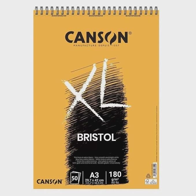 CANSON XL Bristol 180gsm A3 Paper, Very Smooth, Spiral Pad Short Side, 50 Extra White Sheets, Ideal for Professional Artists & Illustrators