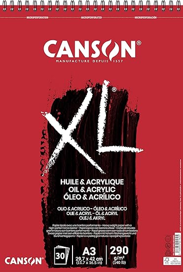 CANSON XL Oil & Acrylic 290gsm A3 Paper, Heavyweight, Spiral Pad Short Side, 30 Sheets, for Professional Artists & Students