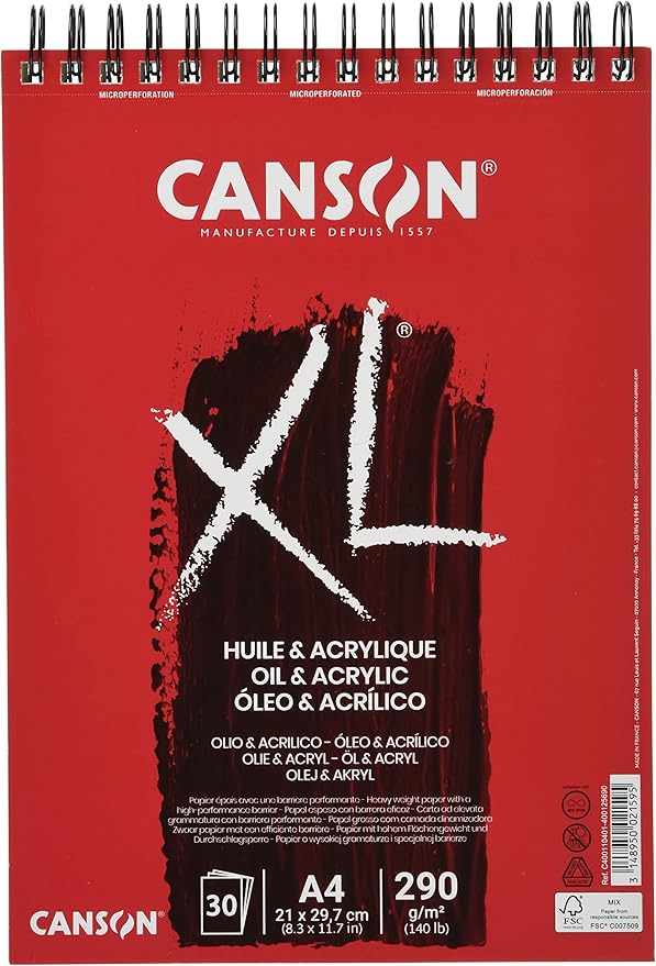 CANSON XL Oil & Acrylic 290gsm A4 Paper, Heavyweight, Spiral Pad Short Side, 30 Sheets, for Professional Artists & Students