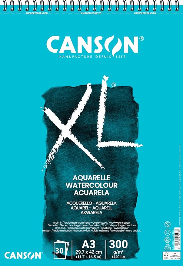 CANSON XL Watercolour 300gsm A3 Paper, Cold Pressed, Spiral Pad Short Side, 30 White Sheets, For Professional Artists