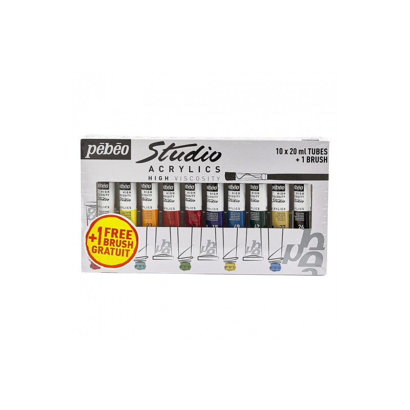 PEBEO Studio Acrylic Paint Set, 10 x 20 ml + Brush