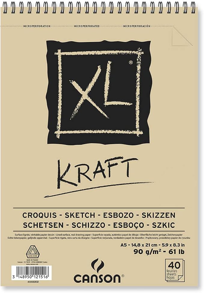 CANSON XL Kraft 90gsm A5 Paper, Laid, Spiral Pad Short Side, 40 Sheets, For Professional Artists & Illustrators