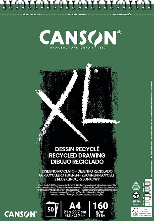 CANSON XL Recycled Drawing 160gsm A4 Paper, Fine Honeycomb Grain, Spiral Pad Short Side, 50 White Sheets, For Professional Artists & Illustrators